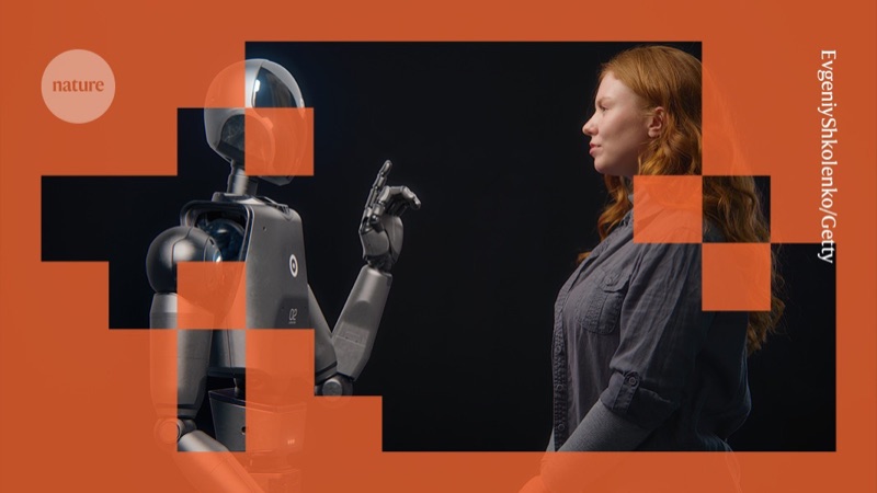Nature illustration of a humanoid robot and a person facing each other behind orange pixel blocks