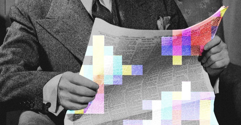 Illustration of a person reading a newspaper with pixelated text