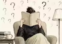 Person reading a book surrounded by question marks