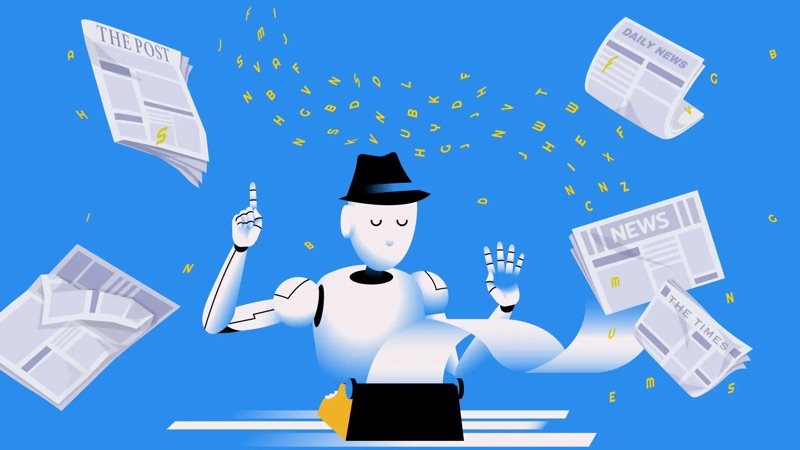 Robot sitting at a typewriter surrounded by newspapers